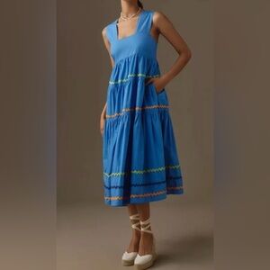 THE HELENA SQUARE NECK TIERED MIDI DRESS SMOKE SCALLOP EDITION SIZE M BLUE NWT